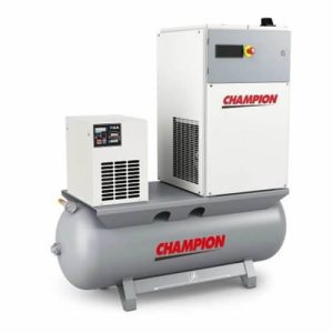Champion FM07 rotary screw air compressor with integrated refrigerated dryer mounted on horizontal air receiver tank