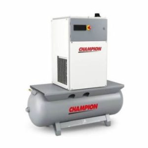 Champion rotary screw air compressor mounted on horizontal air receiver tank with control panel