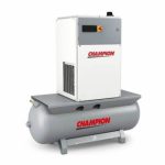 Champion rotary screw air compressor mounted on horizontal air receiver tank with control panel