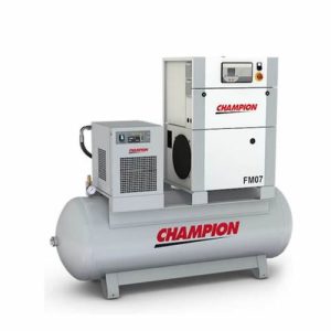 Champion FM07 rotary screw air compressor with integrated refrigerated dryer mounted on horizontal air receiver tank