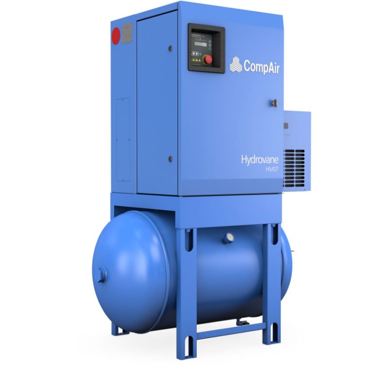 Hydrovane HV07 roterende vleugelcompressor op horizontale luchtketel met CompAir-branding