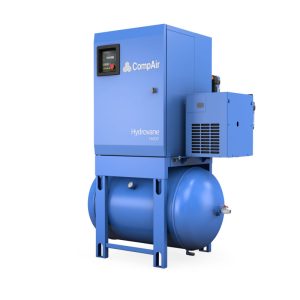 Hydrovane HV07 vleugelcompressor op horizontale luchtketel met CompAir-branding