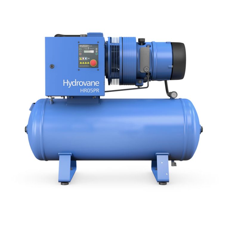 Hydrovane HR05PR rotary vane air compressor mounted on horizontal air receiver tank