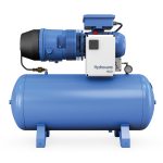 Hydrovane HV01 rotary vane air compressor mounted on horizontal air receiver tank with pressure gauge