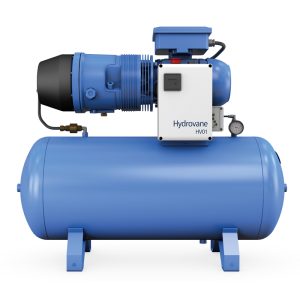 Hydrovane HV01 rotary vane air compressor mounted on horizontal air receiver tank with pressure gauge
