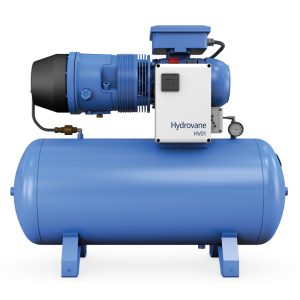 Hydrovane HV01 rotary vane air compressor mounted on horizontal air receiver tank with pressure gauge