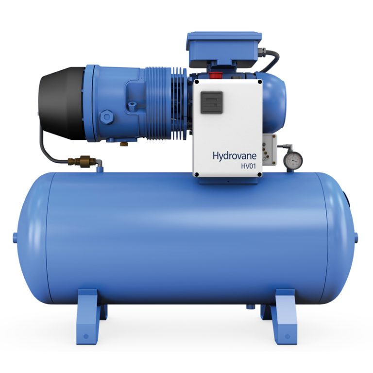 Hydrovane HV01 rotary vane air compressor mounted on horizontal air receiver tank with pressure gauge