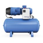 Hydrovane HV01 rotary vane air compressor mounted on horizontal air receiver tank with pressure gauge